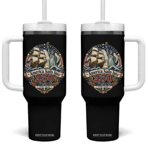America Sails Into 250 Years Vintage Nautical Graphic Tumbler With Handle Statue of Liberty Tall Ship 1776 to 2026 Semiquincentennial Patriotic