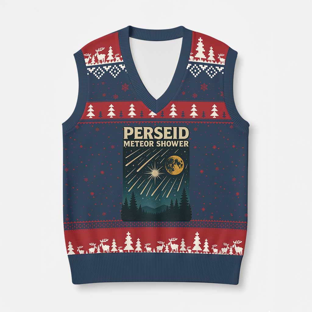 Vintage Perseid Meteor Shower Observer V-Neck Knit Sweater Vest Retro Celestial Stargazing Graphic TS02 Navy Red Print Your Wear
