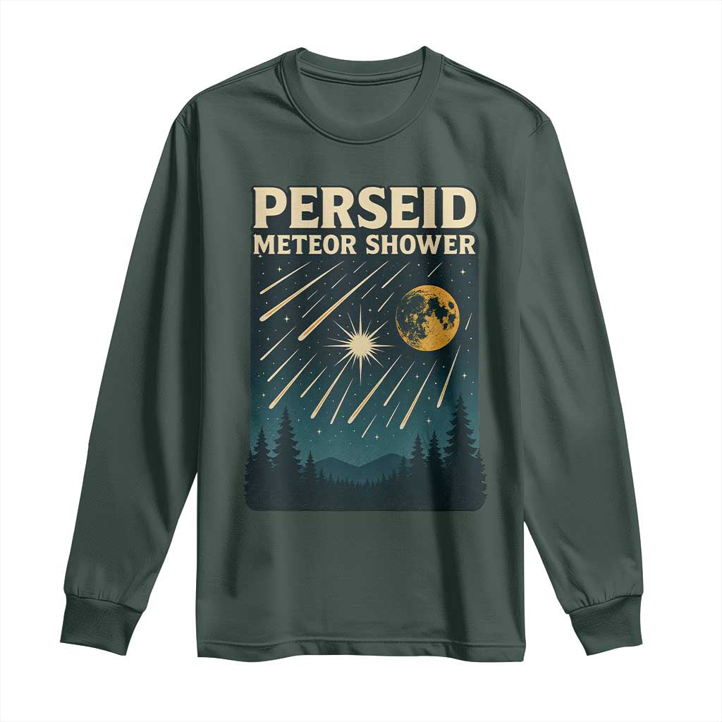 Vintage Perseid Meteor Shower Observer Long Sleeve Shirt Retro Celestial Stargazing Graphic TS02 Dark Forest Green Print Your Wear