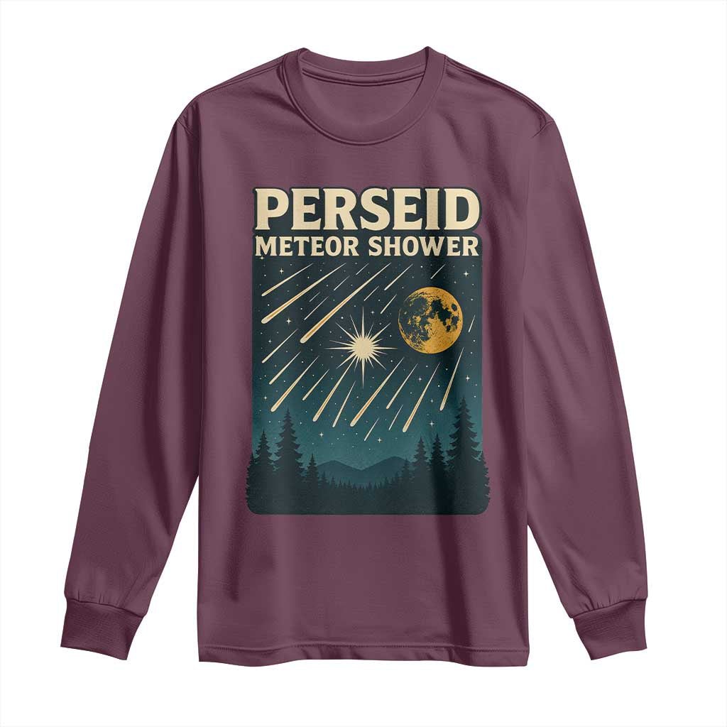 Vintage Perseid Meteor Shower Observer Long Sleeve Shirt Retro Celestial Stargazing Graphic TS02 Maroon Print Your Wear