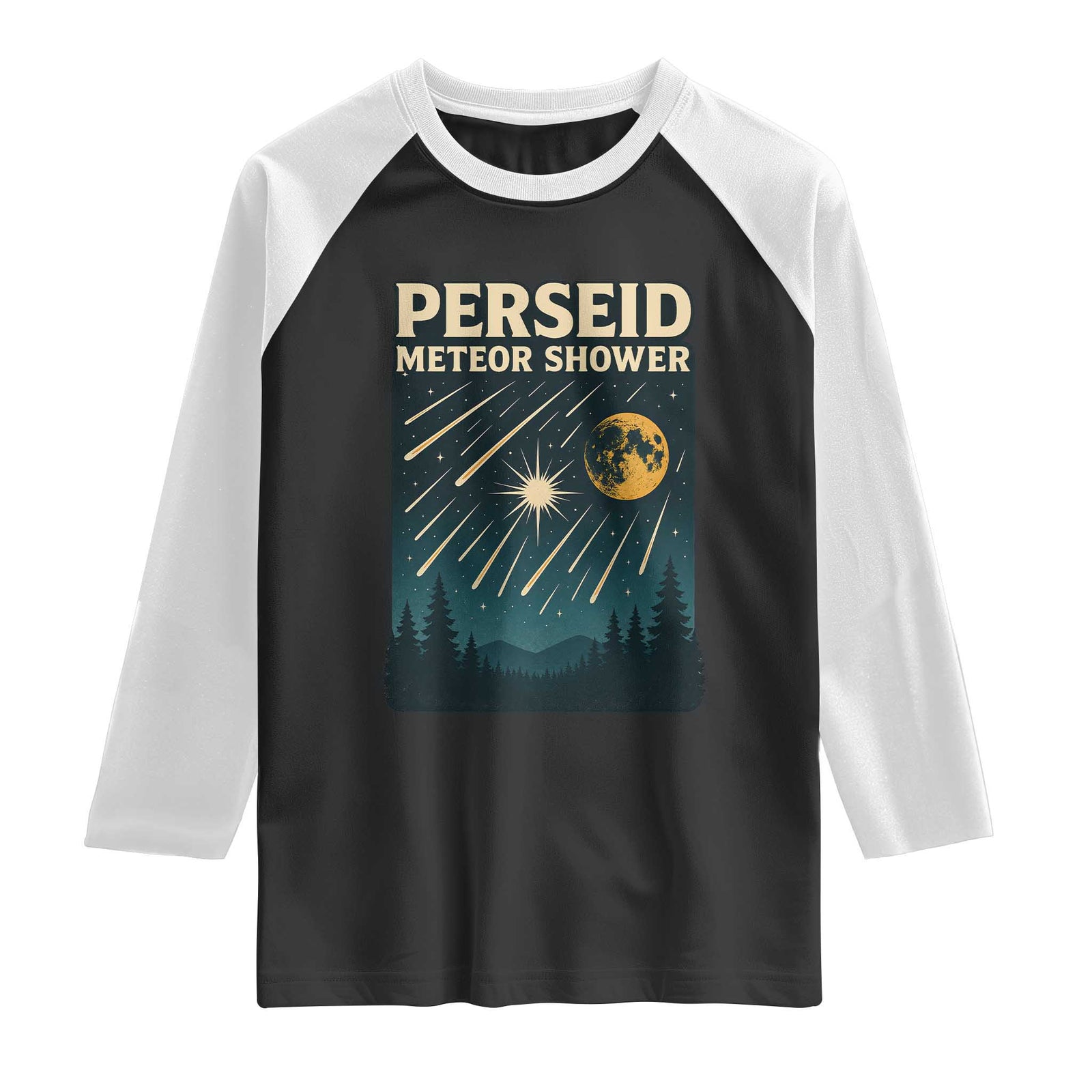 Vintage Perseid Meteor Shower Observer Raglan Shirt Retro Celestial Stargazing Graphic TS02 Black White Print Your Wear