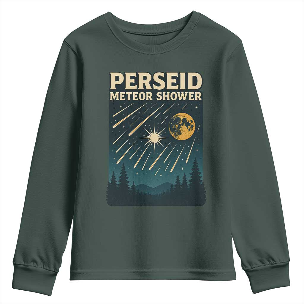 Vintage Perseid Meteor Shower Observer Youth Sweatshirt Retro Celestial Stargazing Graphic TS02 Dark Forest Green Print Your Wear