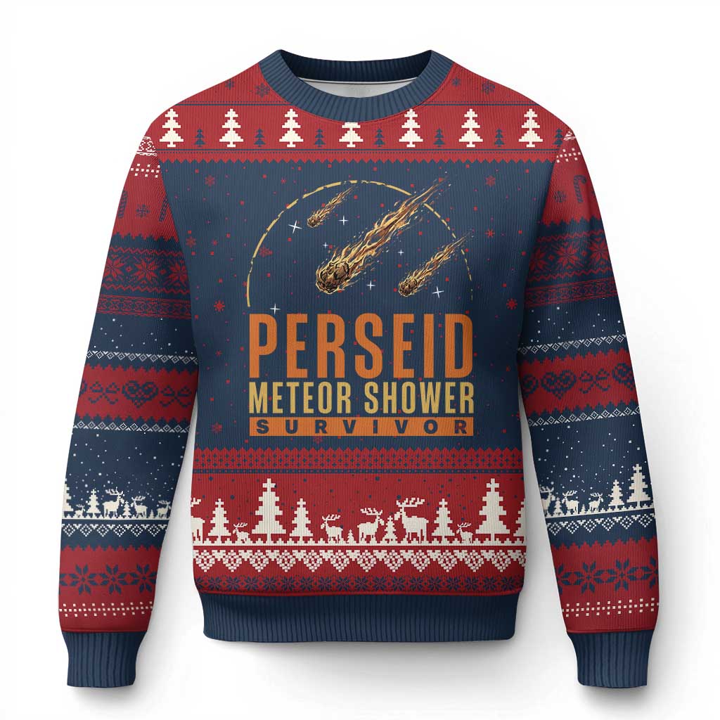 Vintage Perseid Meteor Shower Survivor Ugly Christmas Sweater Retro Astronomy Stargazing Graphic TS02 Navy Red Print Your Wear