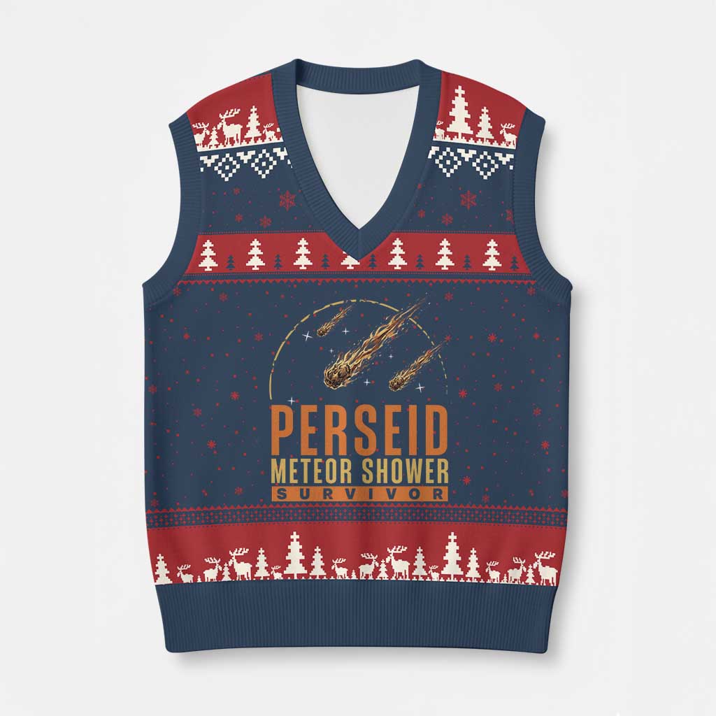 Vintage Perseid Meteor Shower Survivor V-Neck Knit Sweater Vest Retro Astronomy Stargazing Graphic TS02 Navy Red Print Your Wear