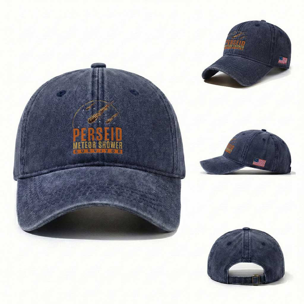 Vintage Perseid Meteor Shower Survivor Washed Cotton Baseball Cap Retro Astronomy Stargazing Graphic