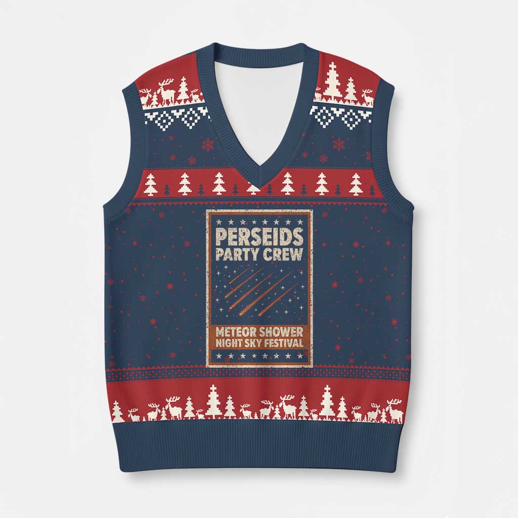 Vintage Perseids Party Crew August 2026 V-Neck Knit Sweater Vest Annual Night Sky Festival Graphic TS02 Navy Red Print Your Wear