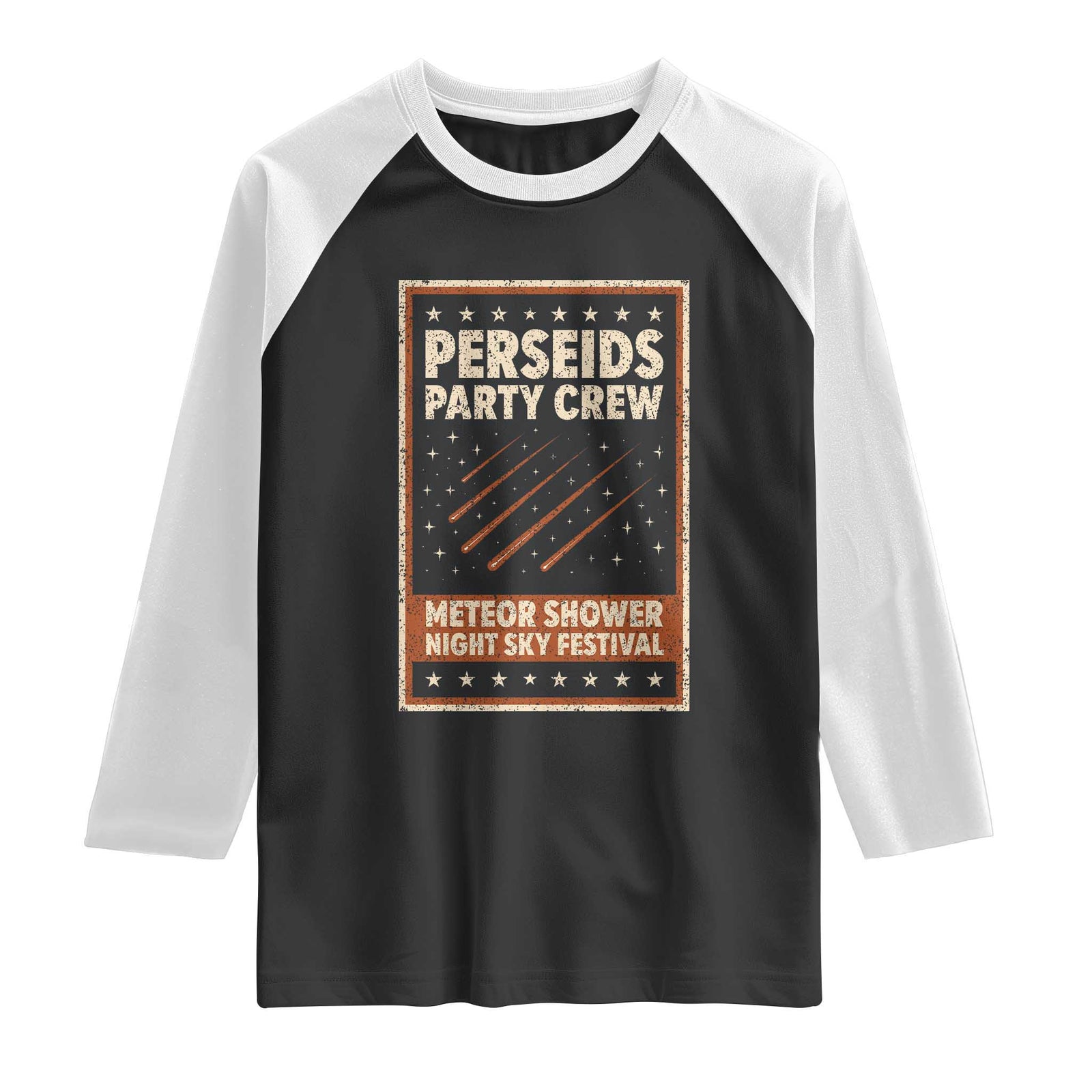 Vintage Perseids Party Crew August 2026 Raglan Shirt Annual Night Sky Festival Graphic TS02 Black White Print Your Wear