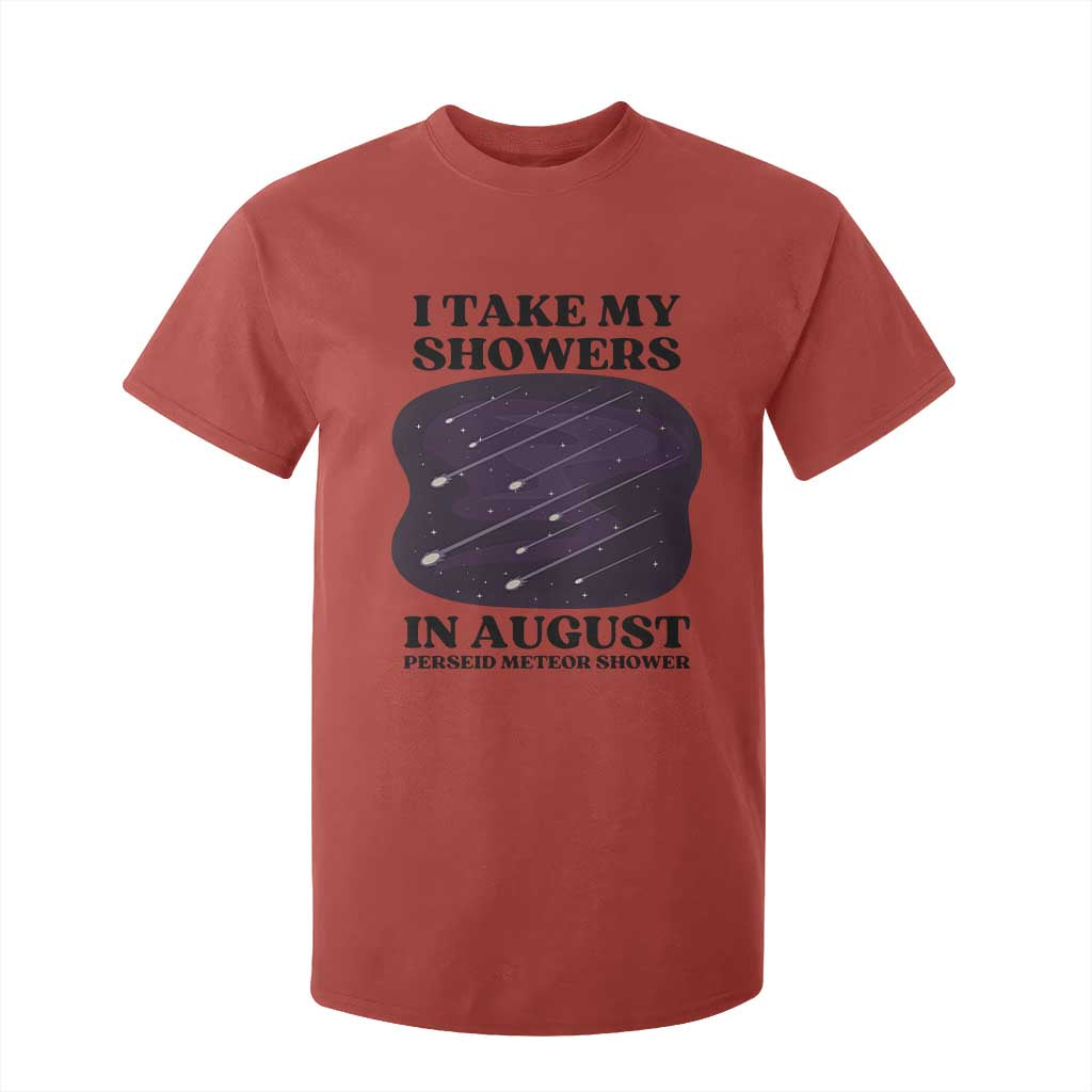 Funny Perseid Meteor Shower Stargazer Graphic T Shirt For Kid I Take My Showers In August TS02 Red Print Your Wear