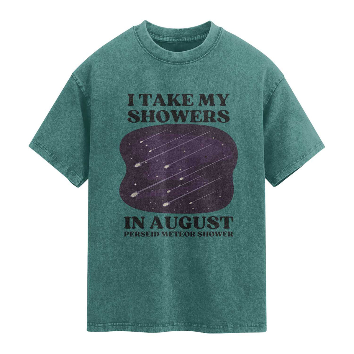 Funny Perseid Meteor Shower Stargazer Graphic Washed Cotton T-Shirt I Take My Showers In August
