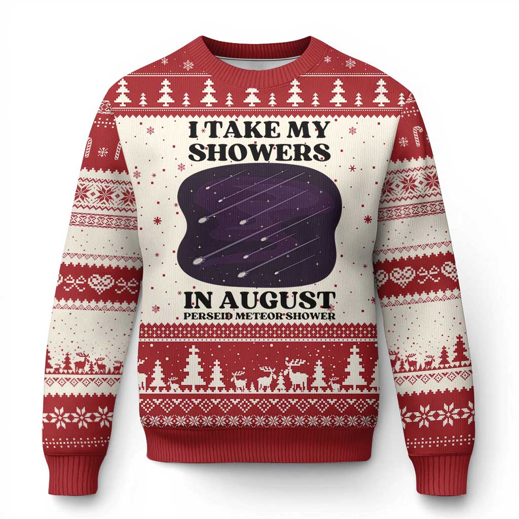 Funny Perseid Meteor Shower Stargazer Graphic Ugly Christmas Sweater I Take My Showers In August TS02 Beige Red Print Your Wear