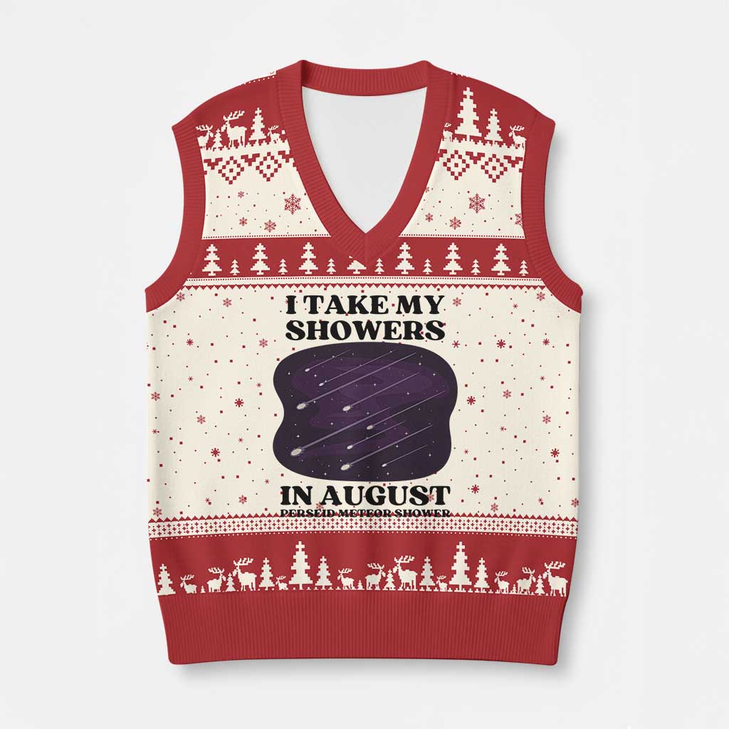 Funny Perseid Meteor Shower Stargazer Graphic V-Neck Knit Sweater Vest I Take My Showers In August TS02 Beige Red Print Your Wear