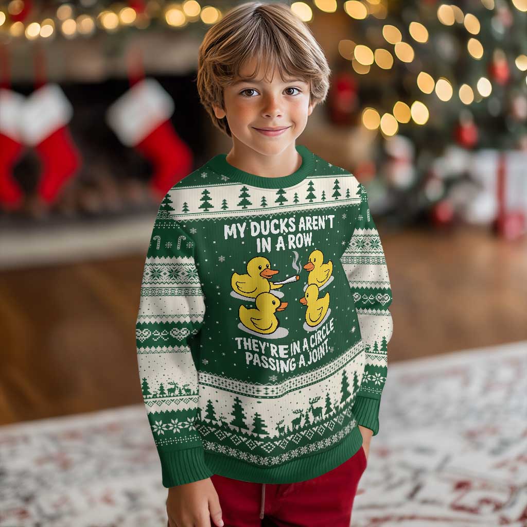 Funny 420 Weed Rubber Duck Graphic Ugly Christmas Sweater My Ducks Arent In A Row They Are In A Circle Passing A Joint