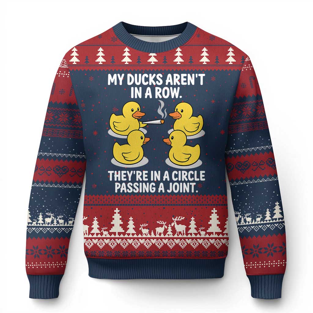 Funny 420 Weed Rubber Duck Graphic Ugly Christmas Sweater My Ducks Arent In A Row They Are In A Circle Passing A Joint
