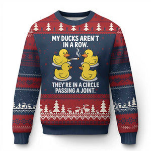 Funny 420 Weed Rubber Duck Graphic Ugly Christmas Sweater My Ducks Arent In A Row They Are In A Circle Passing A Joint