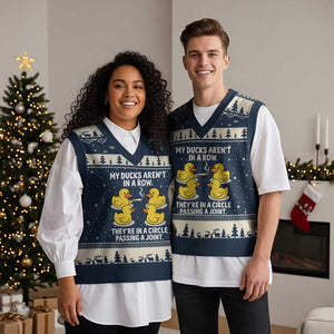 Funny 420 Weed Rubber Duck Graphic V-Neck Knit Sweater Vest My Ducks Arent In A Row They Are In A Circle Passing A Joint
