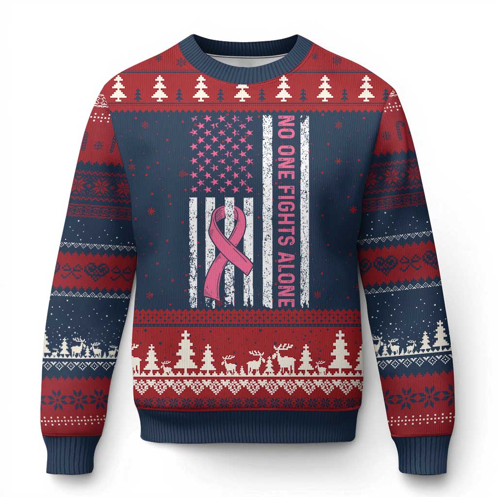 Nobody Fights Alone Pink Ribbon Flag Ugly Christmas Sweater Breast Cancer Awareness Support TS02 Navy Red Print Your Wear