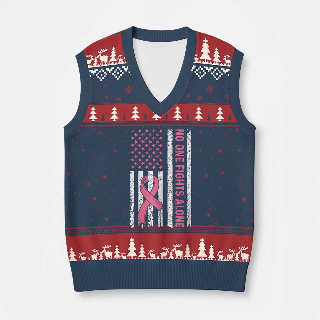 Nobody Fights Alone Pink Ribbon Flag V-Neck Knit Sweater Vest Breast Cancer Awareness Support TS02 Navy Red Print Your Wear