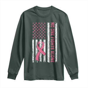 Nobody Fights Alone Pink Ribbon Flag Long Sleeve Shirt Breast Cancer Awareness Support TS02 Dark Forest Green Print Your Wear