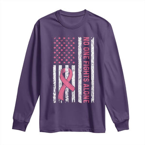 Nobody Fights Alone Pink Ribbon Flag Long Sleeve Shirt Breast Cancer Awareness Support TS02 Purple Print Your Wear