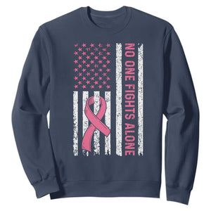 Nobody Fights Alone Pink Ribbon Flag Sweatshirt Breast Cancer Awareness Support TS02 Navy Print Your Wear