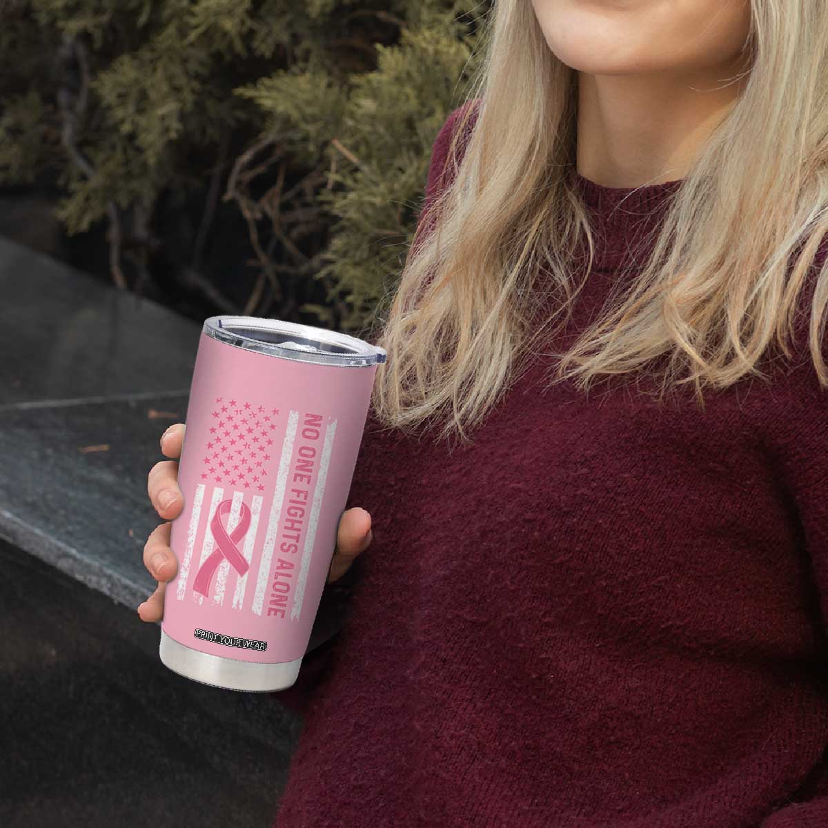 Nobody Fights Alone Pink Ribbon Flag Tumbler Cup Breast Cancer Awareness Support TS02 Print Your Wear