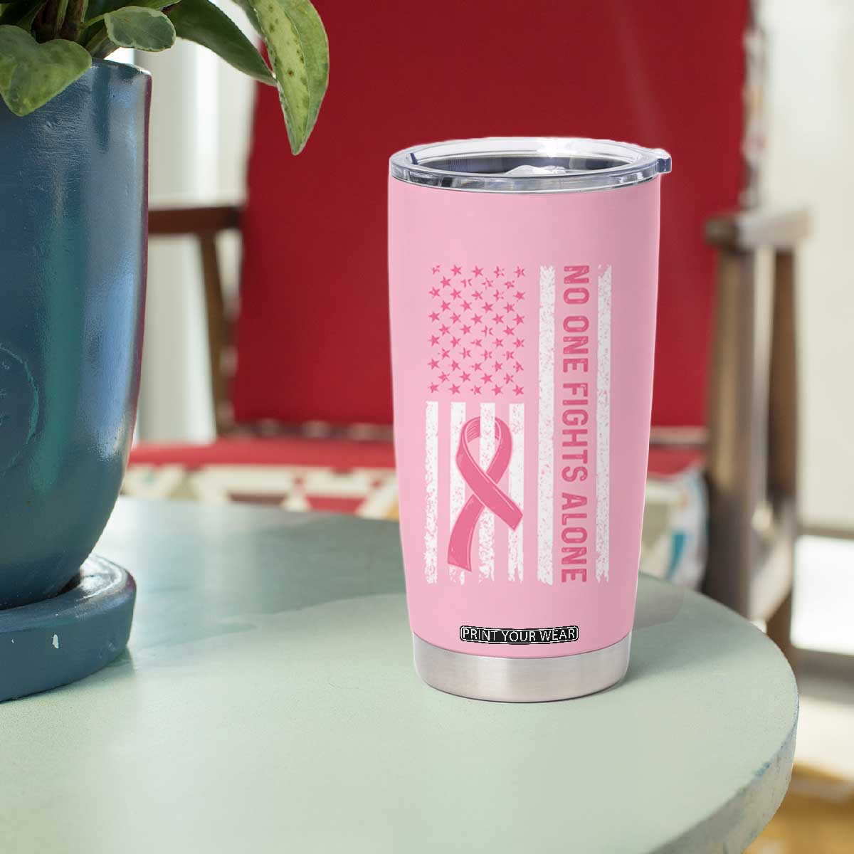 Nobody Fights Alone Pink Ribbon Flag Tumbler Cup Breast Cancer Awareness Support TS02 Print Your Wear
