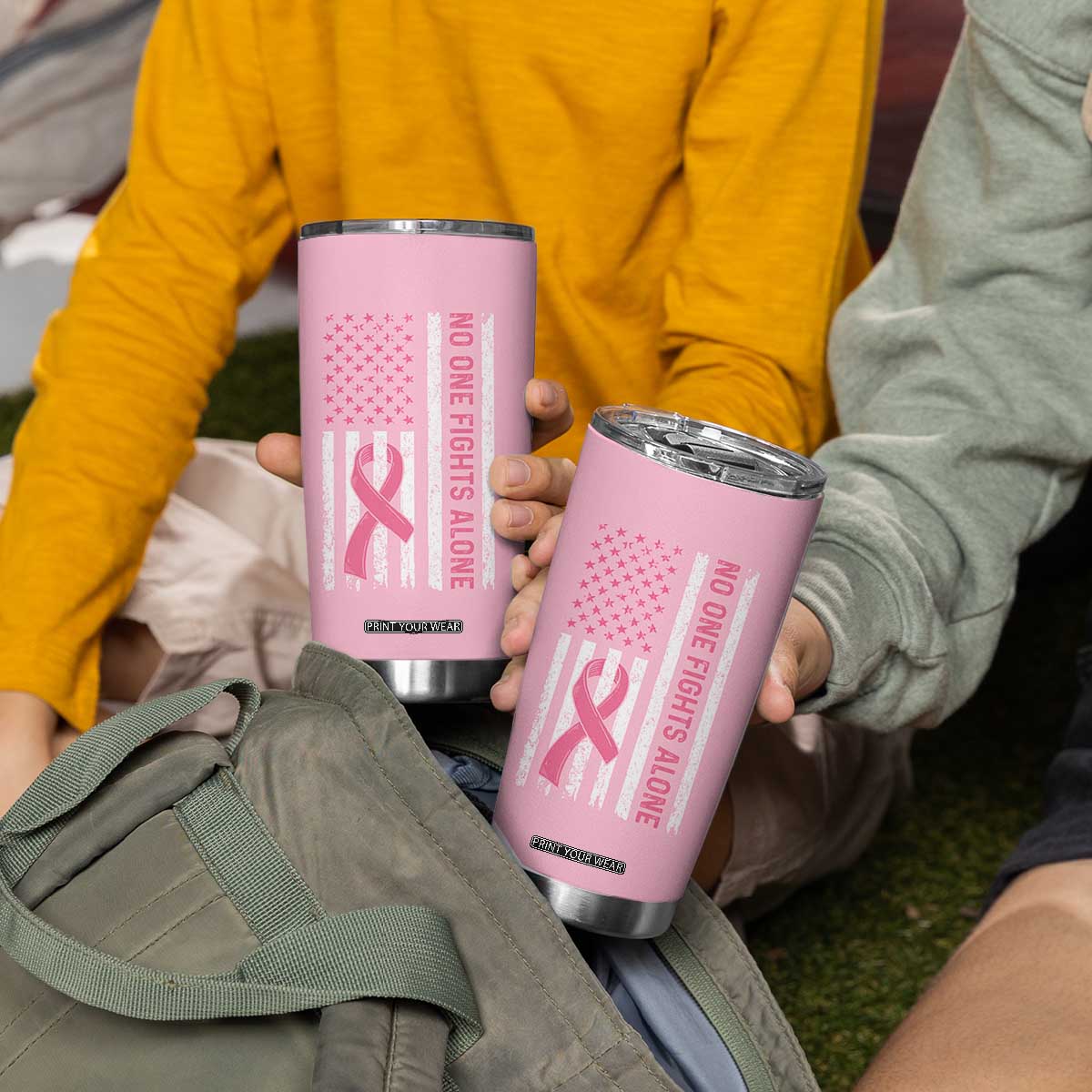 Nobody Fights Alone Pink Ribbon Flag Tumbler Cup Breast Cancer Awareness Support TS02 Print Your Wear