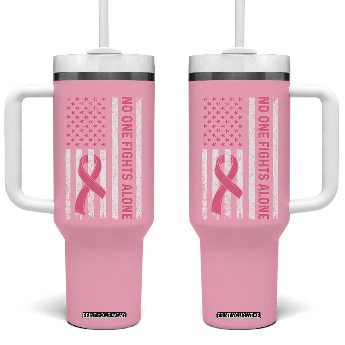 Nobody Fights Alone Pink Ribbon Flag Tumbler With Handle Breast Cancer Awareness Support - Print Your Wear