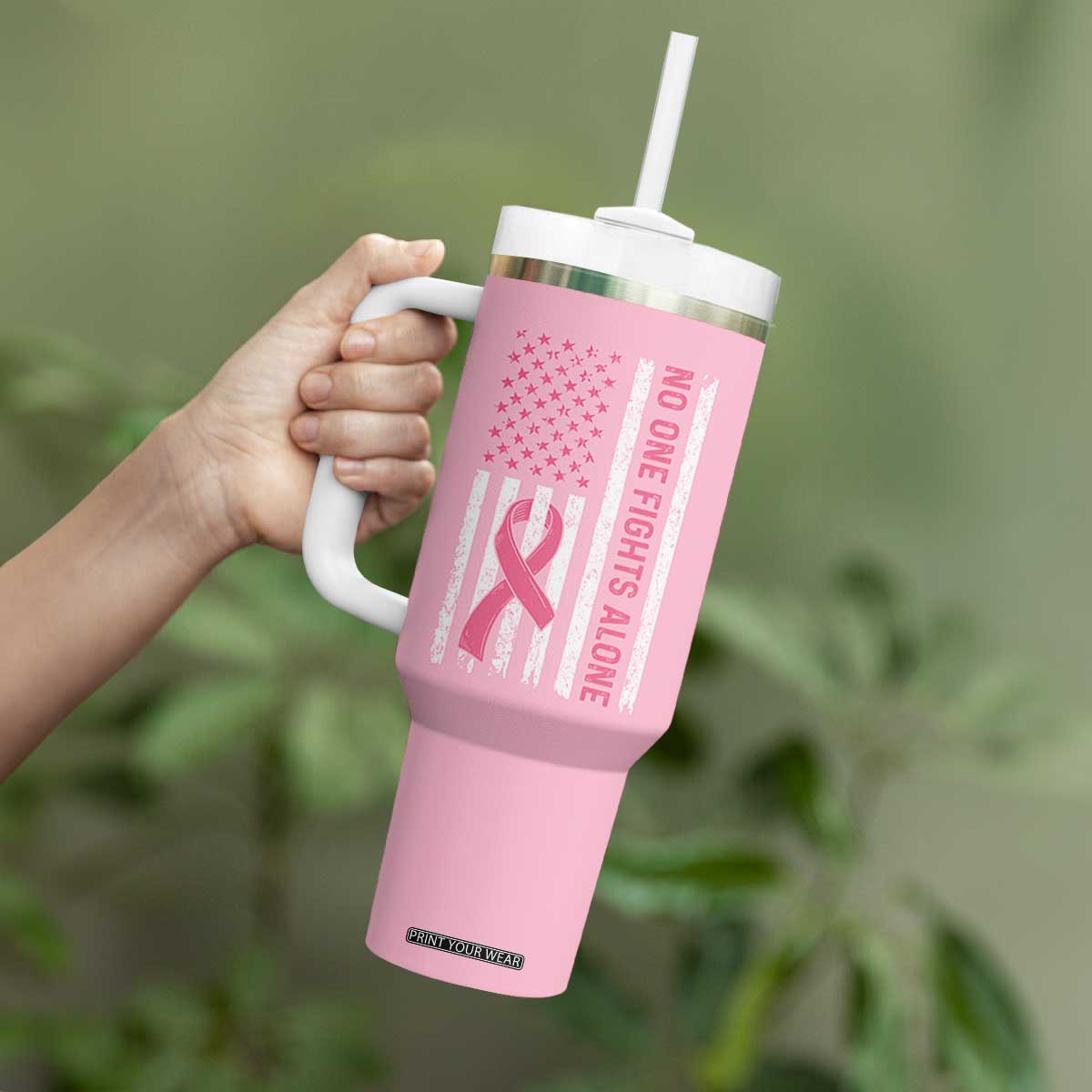 Nobody Fights Alone Pink Ribbon Flag Tumbler With Handle Breast Cancer Awareness Support TS02 Print Your Wear