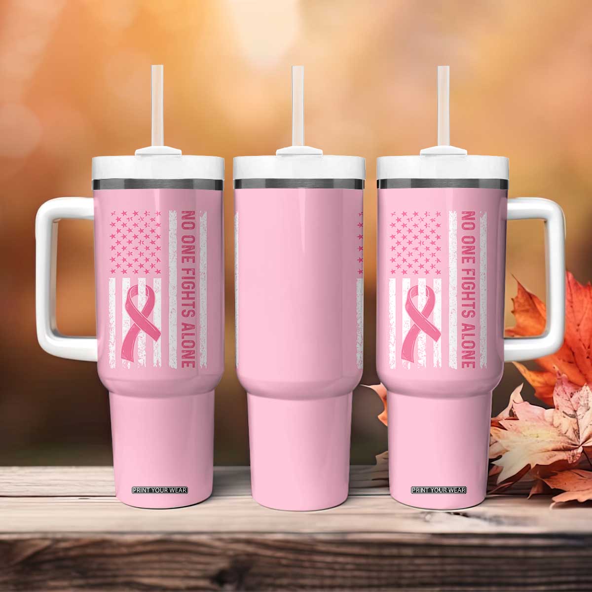 Nobody Fights Alone Pink Ribbon Flag Tumbler With Handle Breast Cancer Awareness Support TS02 Print Your Wear