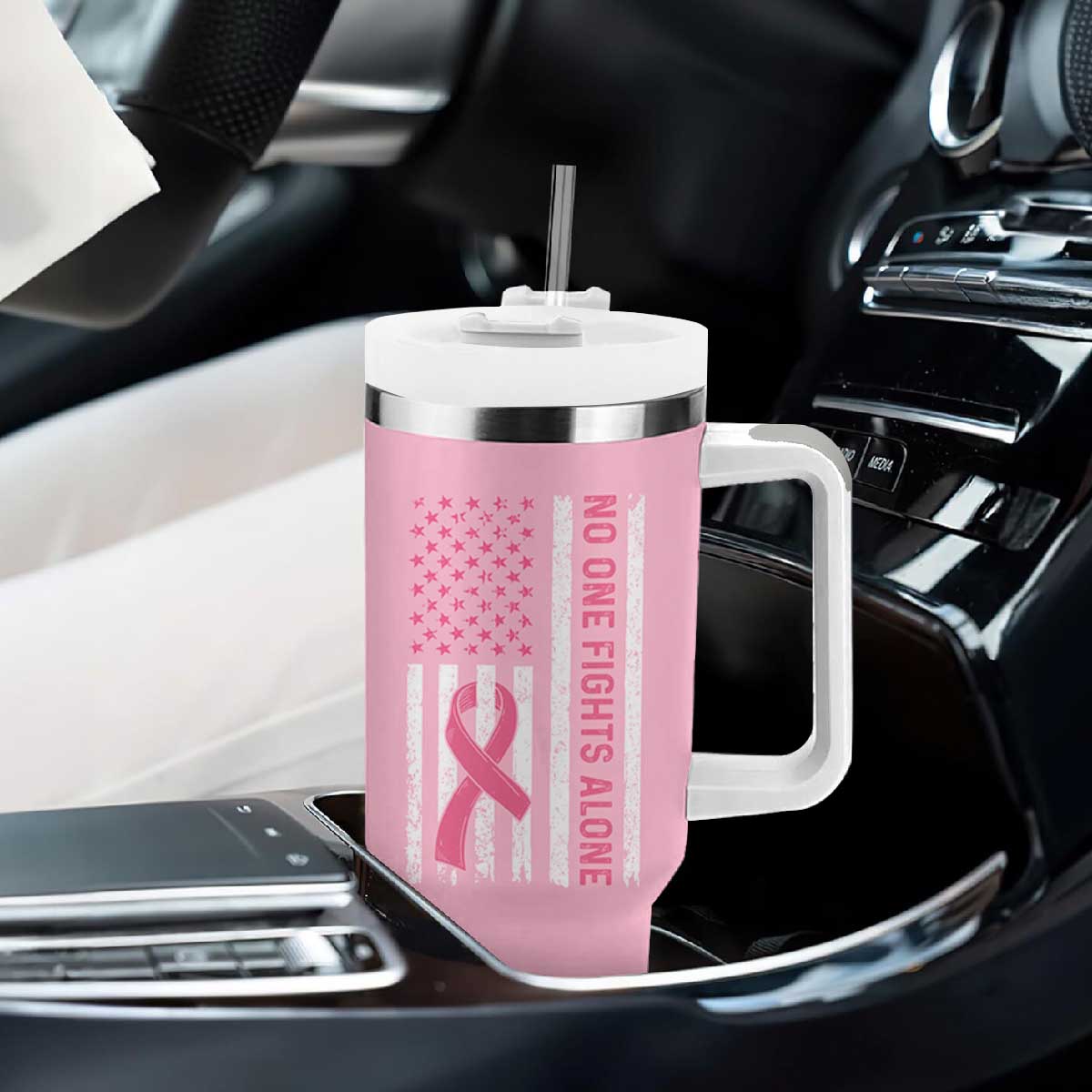 Nobody Fights Alone Pink Ribbon Flag Tumbler With Handle Breast Cancer Awareness Support TS02 Print Your Wear