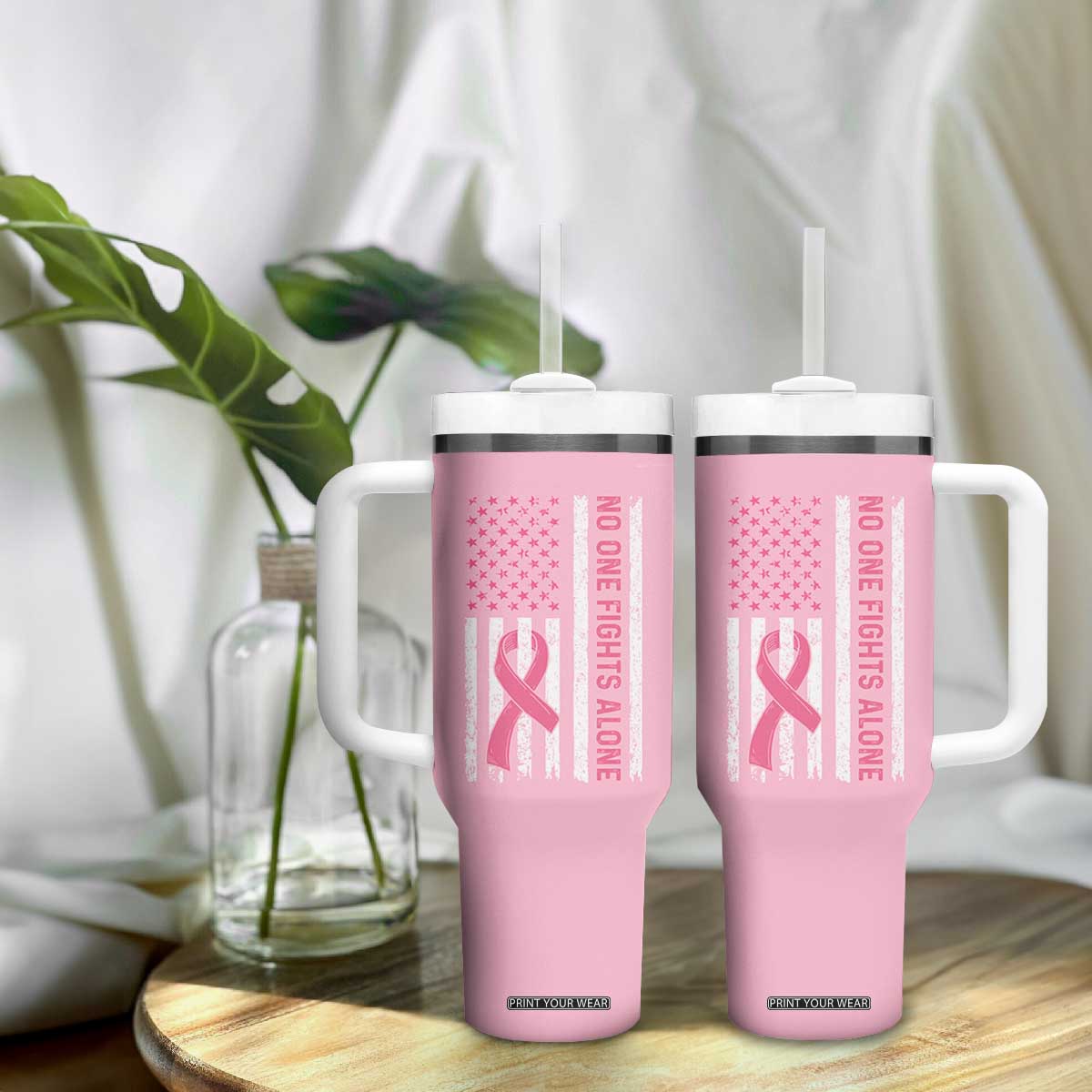 Nobody Fights Alone Pink Ribbon Flag Tumbler With Handle Breast Cancer Awareness Support TS02 Print Your Wear