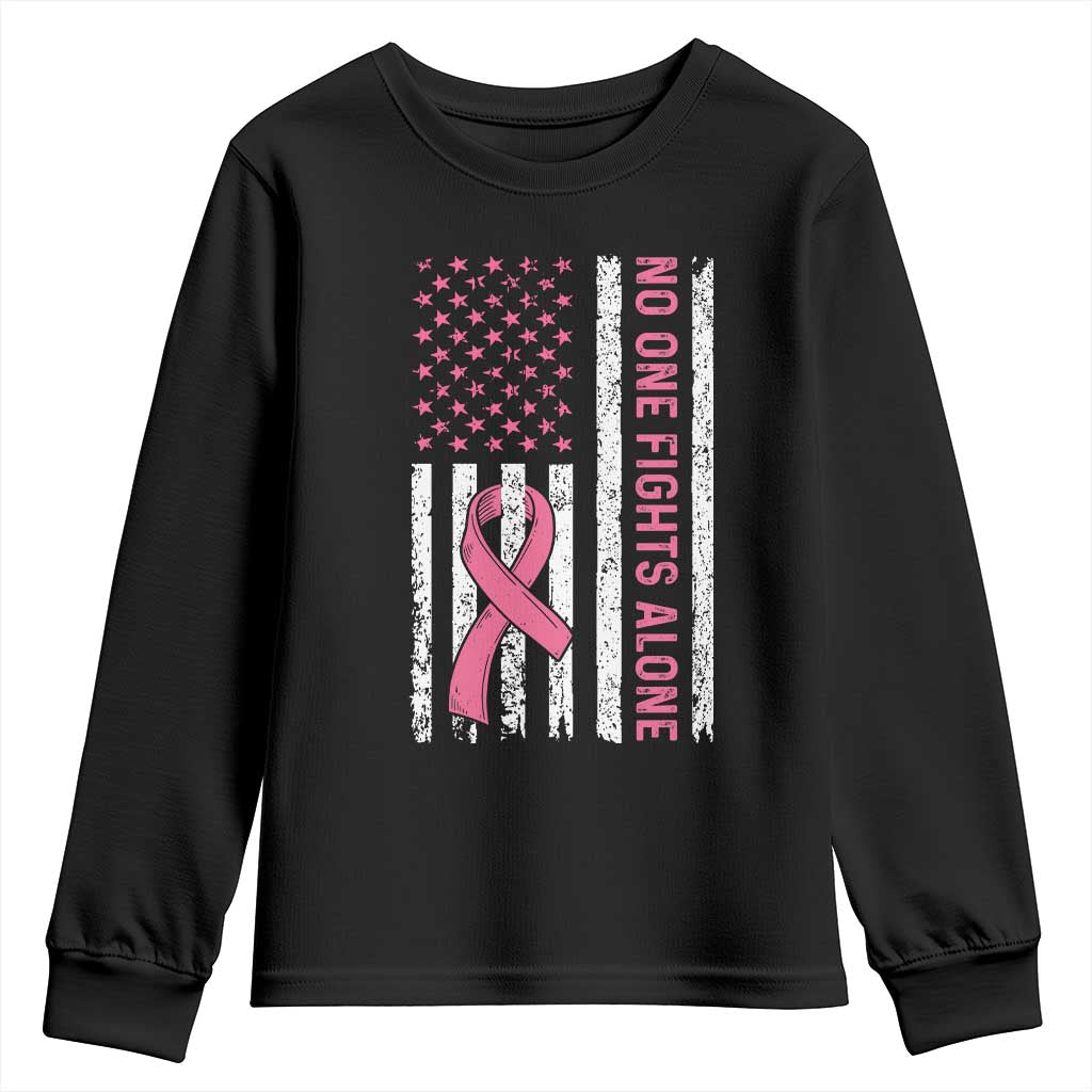 Nobody Fights Alone Pink Ribbon Flag Youth Sweatshirt Breast Cancer Awareness Support - Print Your Wear