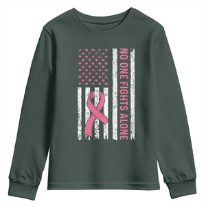 Nobody Fights Alone Pink Ribbon Flag Youth Sweatshirt Breast Cancer Awareness Support TS02 Dark Forest Green Print Your Wear