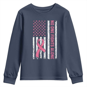 Nobody Fights Alone Pink Ribbon Flag Youth Sweatshirt Breast Cancer Awareness Support TS02 Navy Print Your Wear