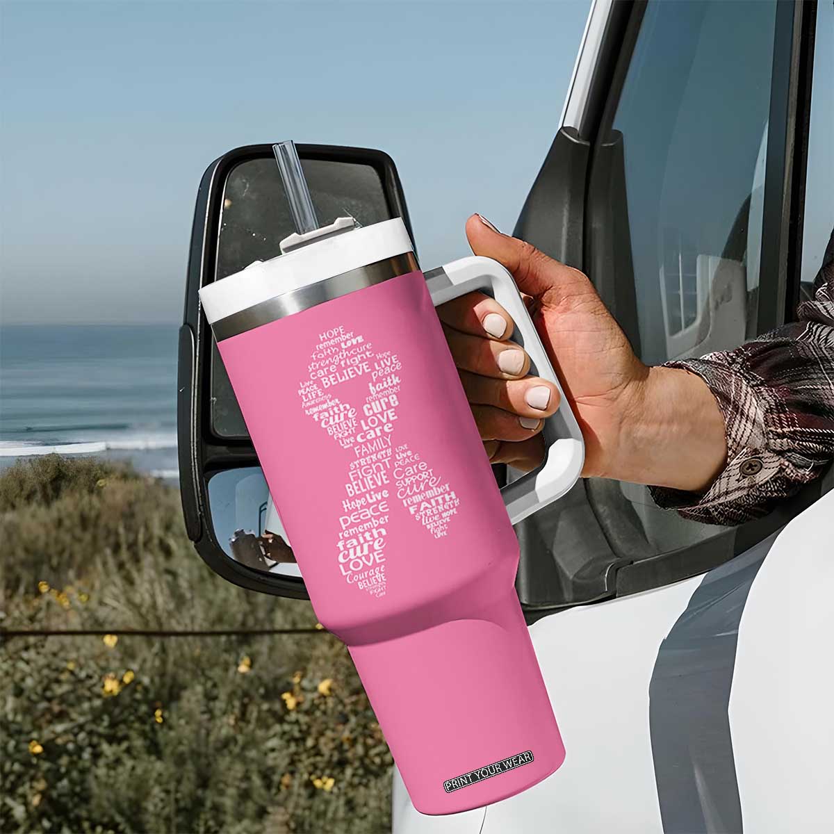 Inspirational Breast Cancer Awareness Tumbler With Handle Pink Ribbon Support TS02 Print Your Wear
