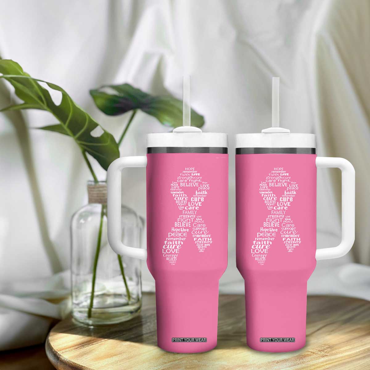 Inspirational Breast Cancer Awareness Tumbler With Handle Pink Ribbon Support TS02 Print Your Wear