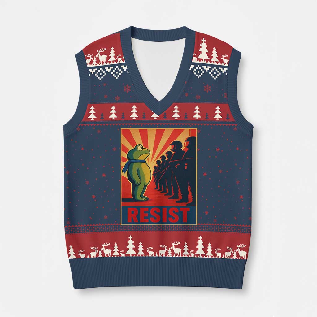 Frog Resist V-Neck Knit Sweater Vest Free Portland Oregon Poster Graphic Freedom Fighters TS02 Navy Red Print Your Wear