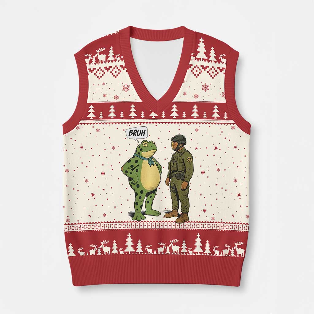 Funny Frog Bruh Resist Meme V-Neck Knit Sweater Vest Free Portland Oregon Political Satire TS02 Beige Red Print Your Wear
