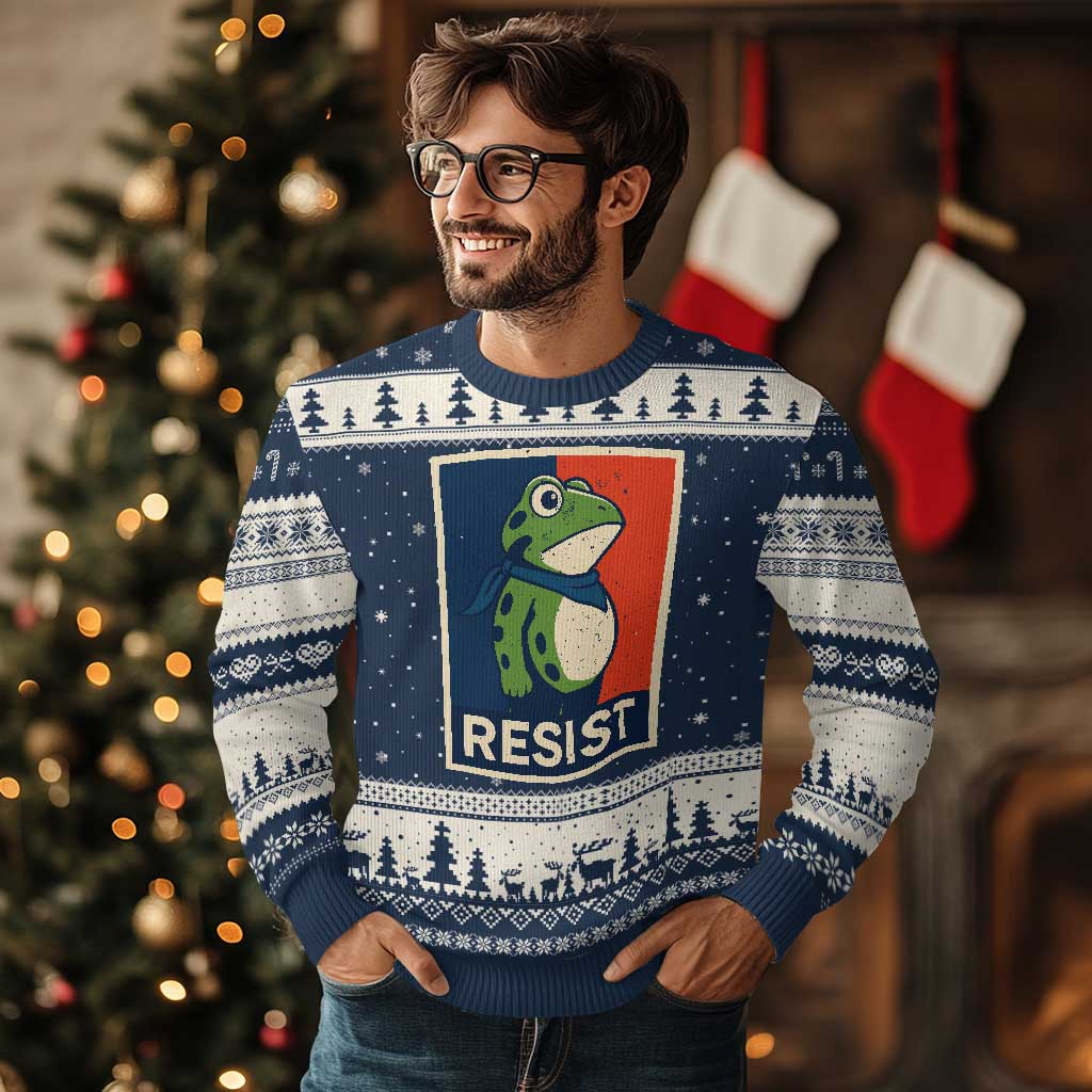 Portland 2025 Protest Ugly Christmas Sweater Frog Resist Against Pepper Spray TS02 Navy Beige Print Your Wear