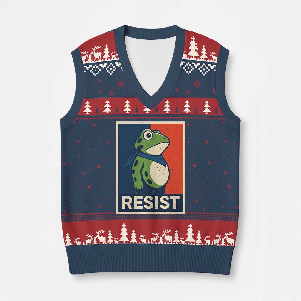 Portland 2025 Protest V-Neck Knit Sweater Vest Frog Resist Against Pepper Spray TS02 Navy Red Print Your Wear