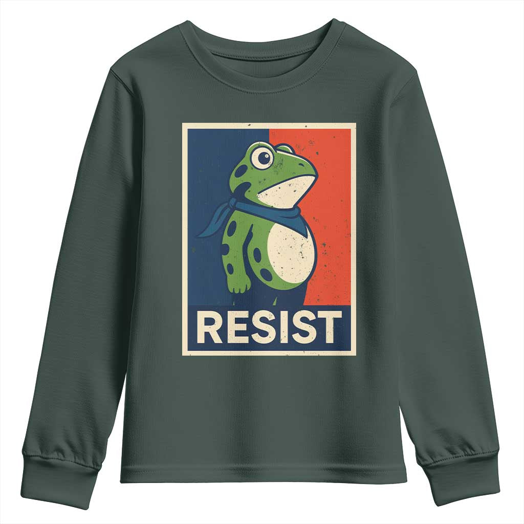 Portland 2025 Protest Youth Sweatshirt Frog Resist Against Pepper Spray TS02 Dark Forest Green Print Your Wear