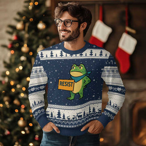 Retro Frog Resist Ugly Christmas Sweater Free Portland Oregon Funny Cartoon Graphic TS02 Navy Beige Print Your Wear
