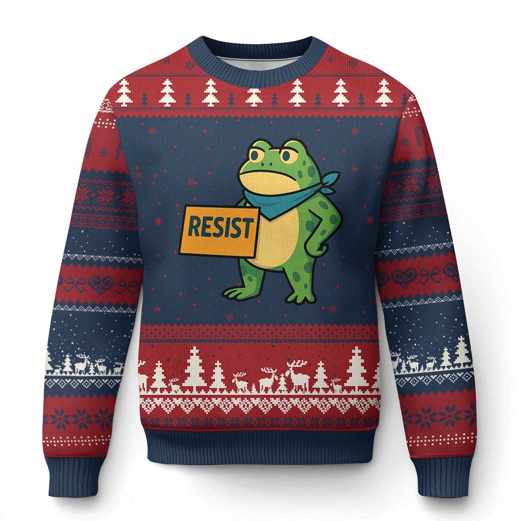 Retro Frog Resist Ugly Christmas Sweater Free Portland Oregon Funny Cartoon Graphic TS02 Navy Red Print Your Wear