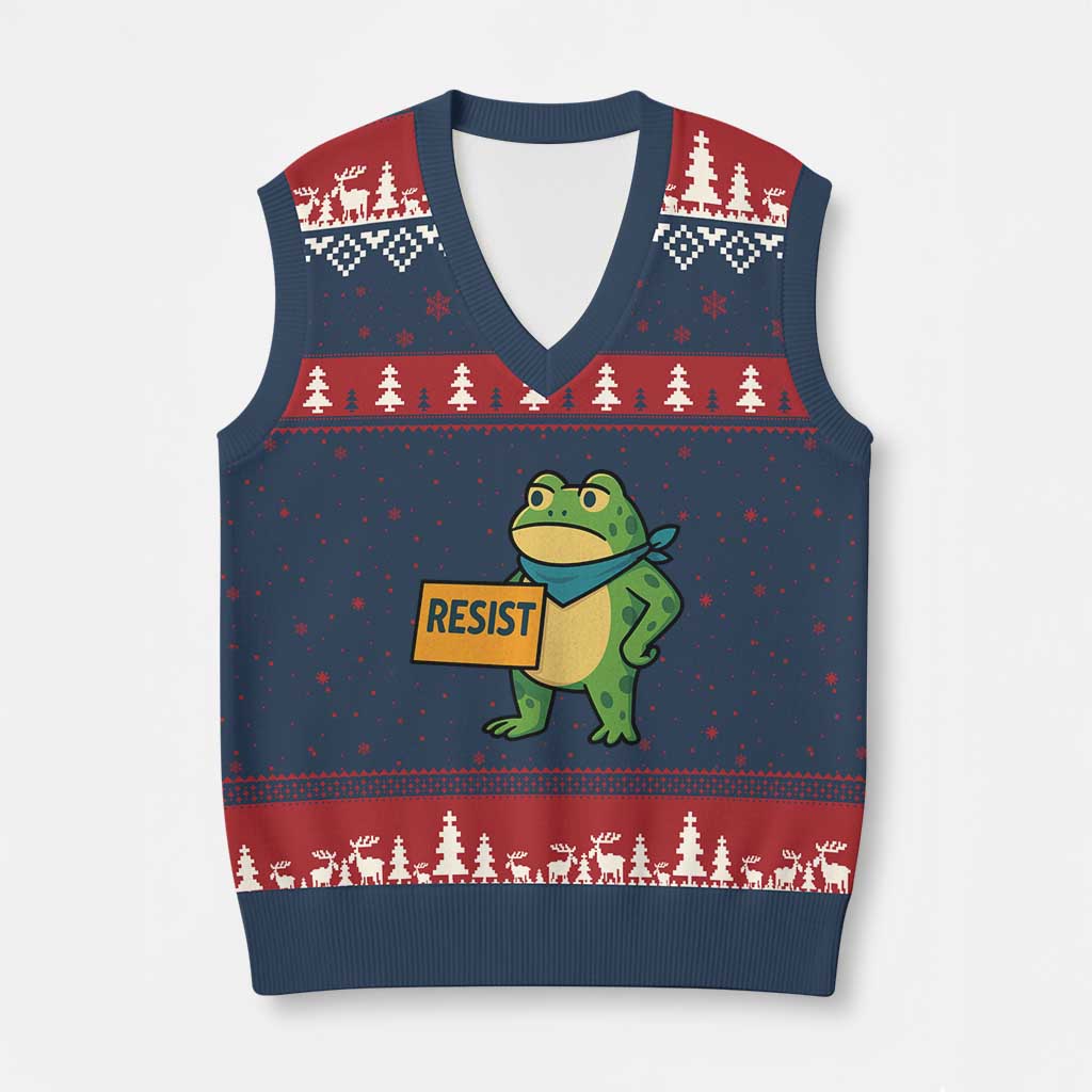 Retro Frog Resist V-Neck Knit Sweater Vest Free Portland Oregon Funny Cartoon Graphic TS02 Navy Red Print Your Wear