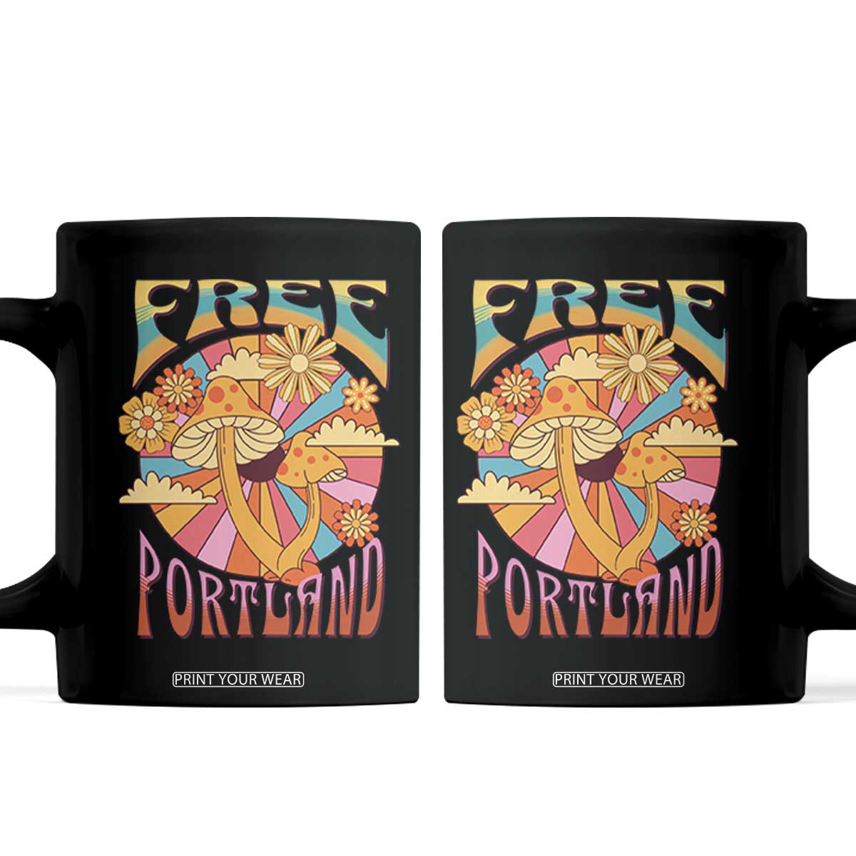 Retro Free Portland Patriotic Coffee Mug Oregon Freedom Trippy 70s Mushroom Graphic TS02 Black Print Your Wear
