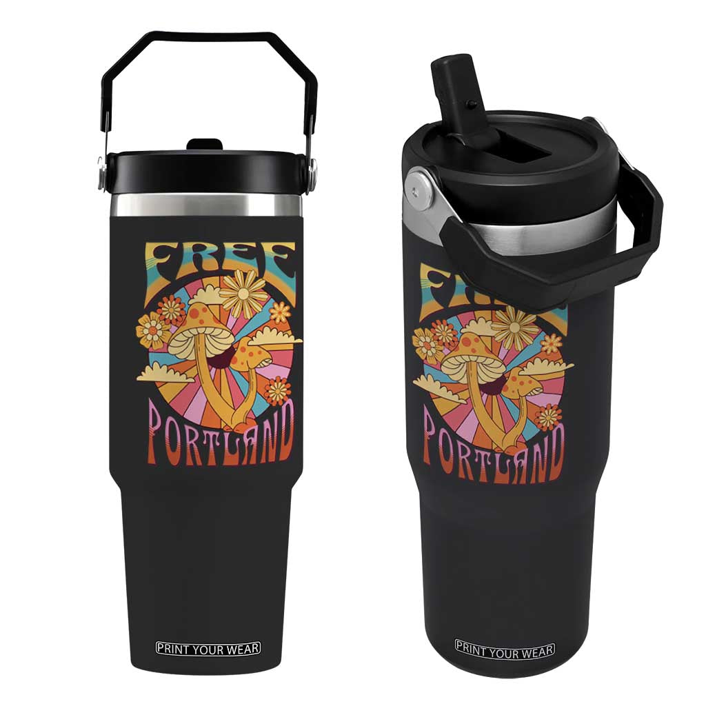 Retro Free Portland Patriotic Flip Straw Tumbler Oregon Freedom Trippy 70s Mushroom Graphic TS02 One Size: 30 oz Black Print Your Wear