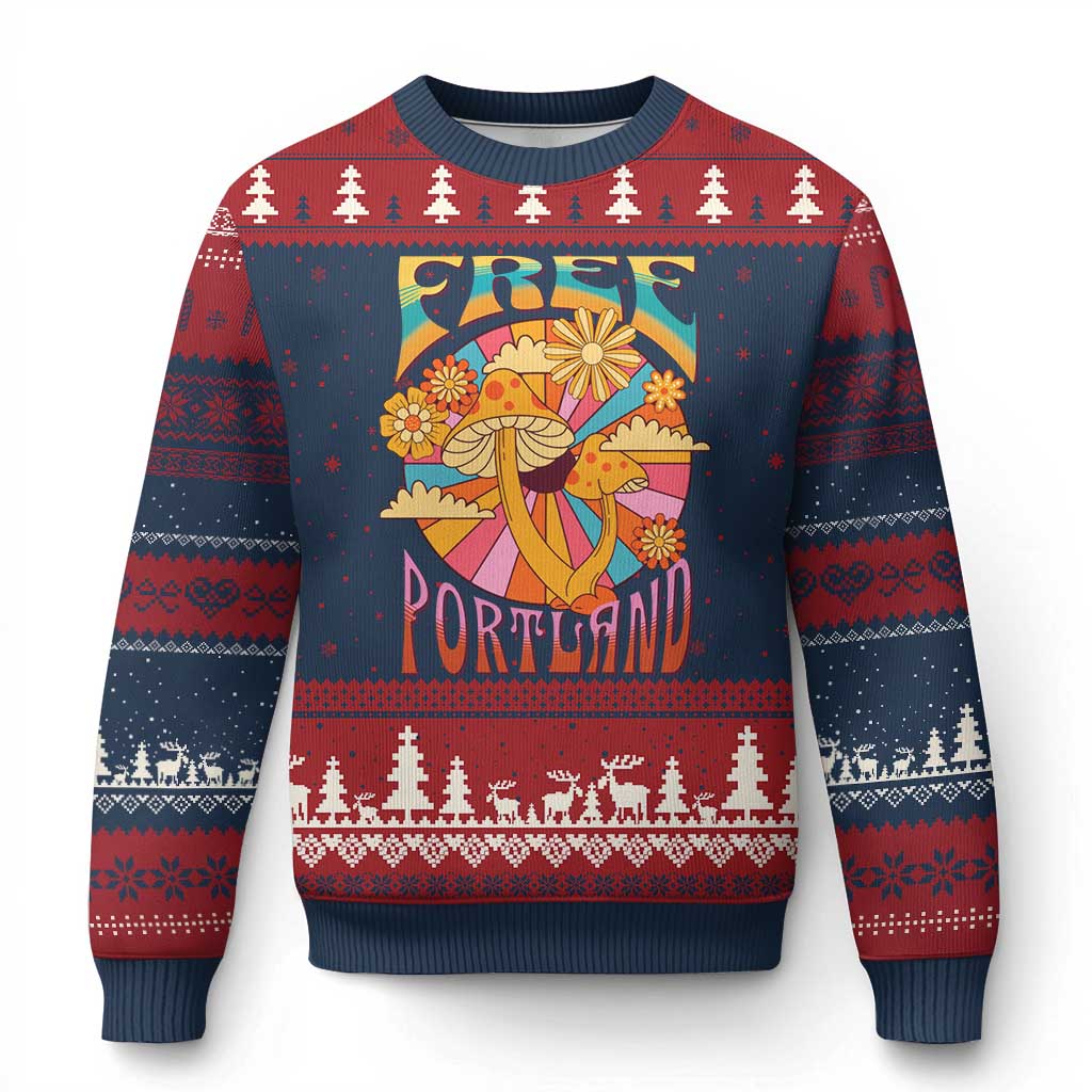 Retro Free Portland Patriotic Ugly Christmas Sweater Oregon Freedom Trippy 70s Mushroom Graphic - Print Your Wear