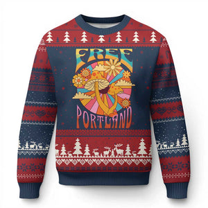 Retro Free Portland Patriotic Ugly Christmas Sweater Oregon Freedom Trippy 70s Mushroom Graphic - Print Your Wear