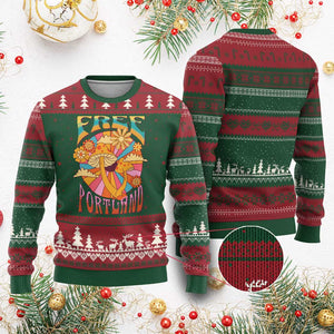 Retro Free Portland Patriotic Ugly Christmas Sweater Oregon Freedom Trippy 70s Mushroom Graphic - Print Your Wear